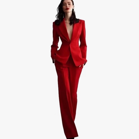 Red Tailored Women's Pantsuit - Classic Long-Leg Blazer & Trousers - Picture 2 of 5